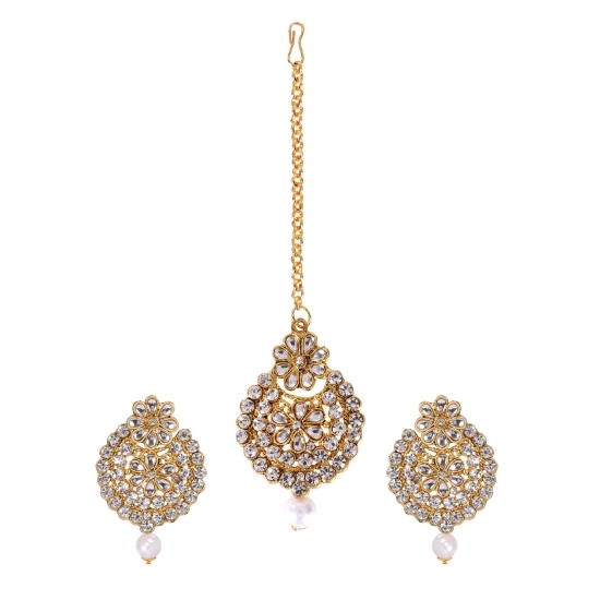 Generic Women's Rose Gold Plated Alloy Kundan Earrings & Mangtikka (White) Generic Women's Rose Gold Plated Alloy Kundan Earrings & Mangtikka (White)