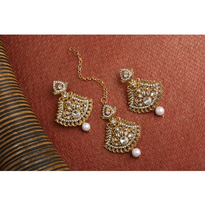 Generic Women's Rose Gold Plated Alloy Kundan Earrings &amp; Mangtikka (White)