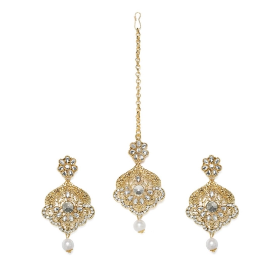 Generic Women's Rose Gold Plated Alloy Kundan Earrings & Mangtikka (White) Generic Women's Rose Gold Plated Alloy Kundan Earrings & Mangtikka (White)