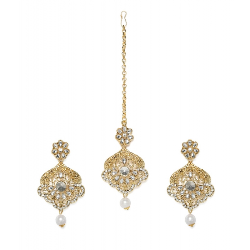 Generic Women's Rose Gold Plated Alloy Kundan Earrings &amp; Mangtikka (White)