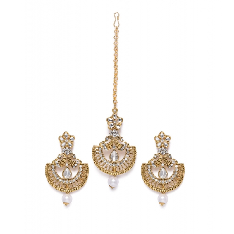 Generic Women's Rose Gold Plated Alloy Kundan Earrings &amp; Mangtikka (White)