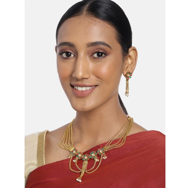 Generic Women's Rose Gold Plated Alloy Necklace Set (Green &amp; Red)