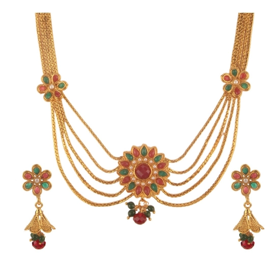 Generic Women's Rose Gold Plated Alloy Necklace & Earings Set (Green & Red) Generic Women's Rose Gold Plated Alloy Necklace & Earings Set (Green & Red)