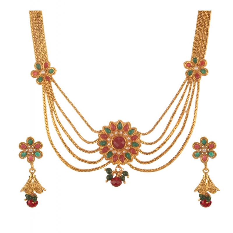 Generic Women's Rose Gold Plated Alloy Necklace &amp; Earings Set (Green &amp; Red)