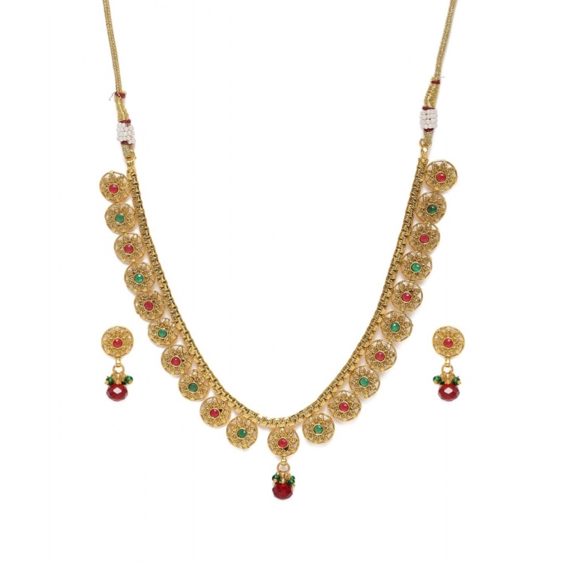 Generic Women's Rose Gold Plated Alloy Necklace &amp; Earings Set (Green &amp; Red)