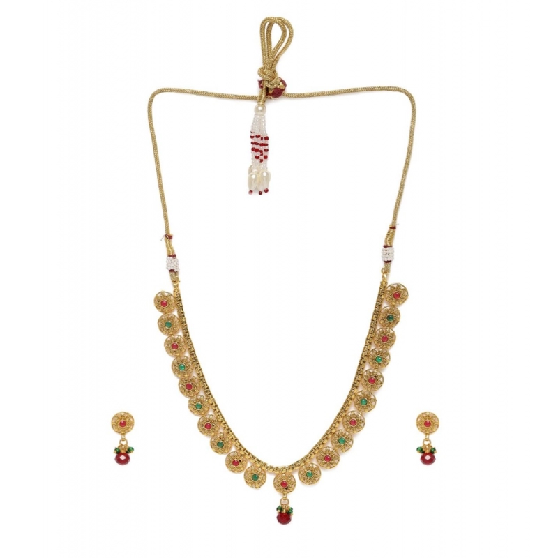 Generic Women's Rose Gold Plated Alloy Necklace &amp; Earings Set (Green &amp; Red)