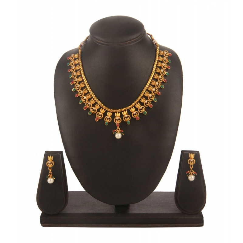 Generic Women's Rose Gold Plated Alloy Necklace &amp; Earings Set (Green &amp; Red)