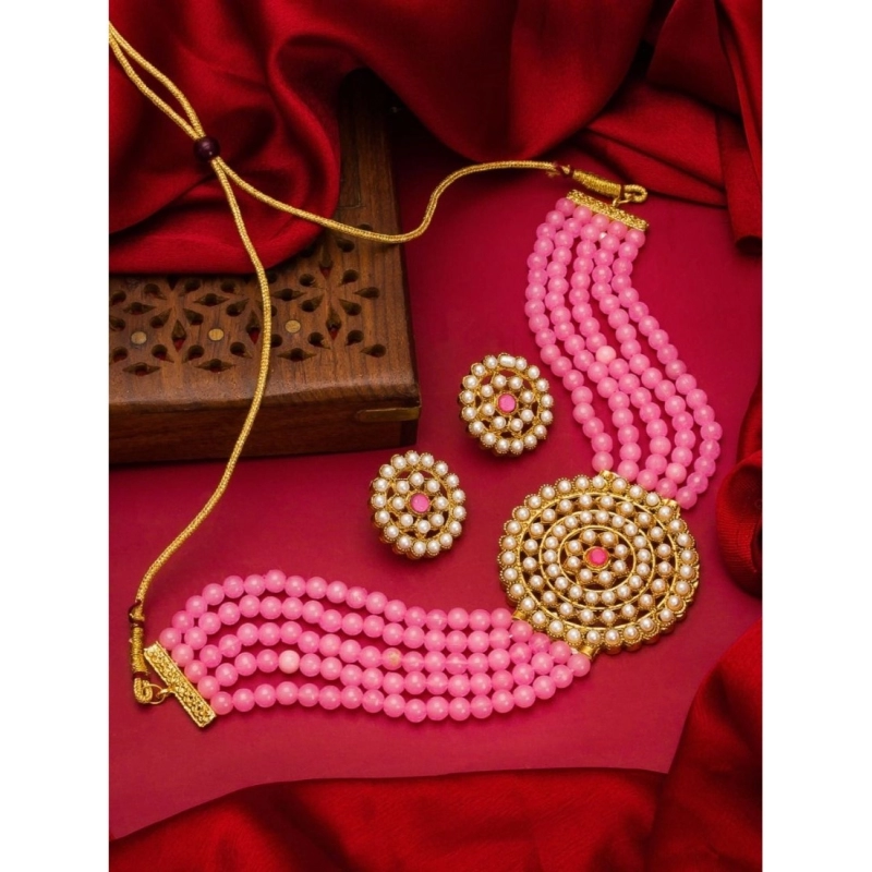 Generic Women's Rose Gold Plated Alloy Necklace &amp; Earings Set (Pink)