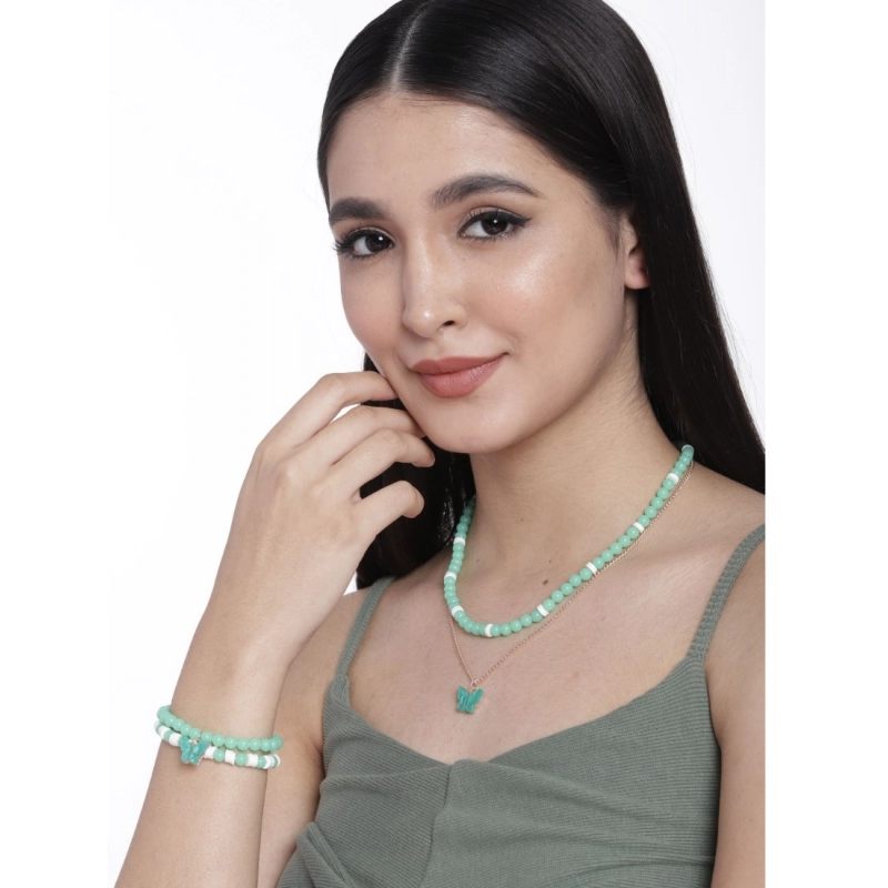 Generic Women's Rose Gold Plated Brass Pendant Chain With Beaded Bracelet (Light Green)