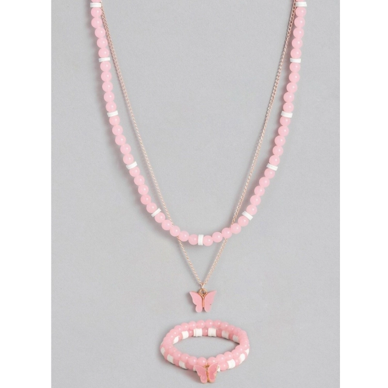 Generic Women's Rose Gold Plated Brass Pendant Chain With Beaded Bracelet (Pink)
