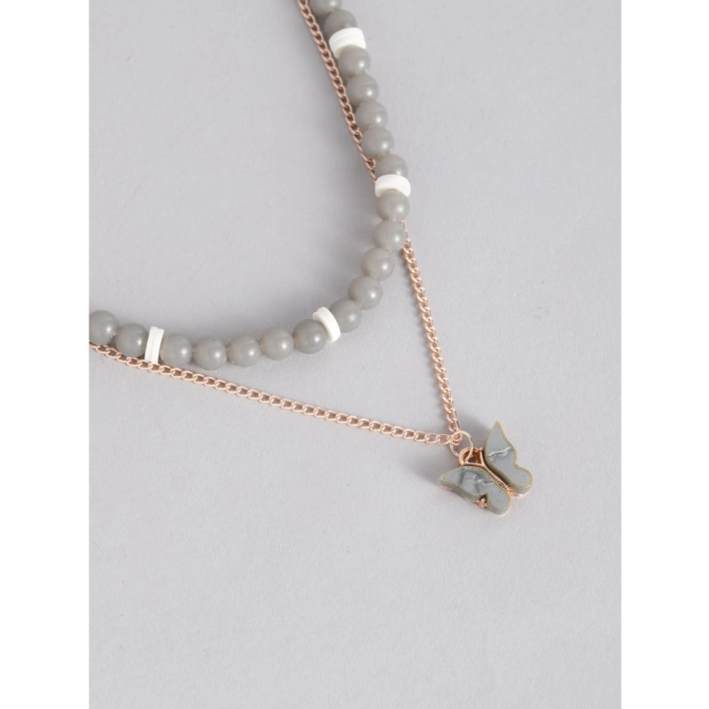 Generic Women's Rose Gold Plated Brass Pendant Chain With Beaded Bracelet (Grey)