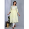 Generic Women's Casual 3/4 Sleeve Embroidered Rayon Anarkali Gown (Yellow)