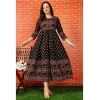 Generic Women's Casual 3/4 Sleeve Printed Rayon Anarkali Gown (Black)