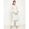 Generic Women's Casual 3/4th Sleeve Printed Cotton Kurti (Light Grey)