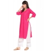 Generic Women's Casual 3/4th Sleeve Chikan Embroidery Cotton Kurti (Magenta)