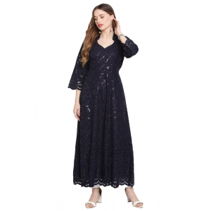 Generic Women's Casual 3/4th Sleeve Embroidered Cotton Kurti (Navy Blue)