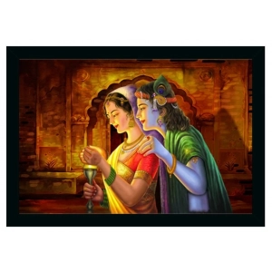 Generic Radha Krishna Painting Vinyl Sparkle Coated with Synthetic Photo Frame (Multicolor)