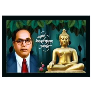 Generic Ambedkar Buddha Painting Vinyl Sparkle Coated with Synthetic Photo Frame (Multicolor)
