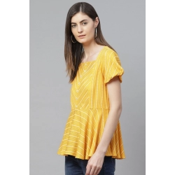 Generic Women's Casual Short Sleeves Stripe Printed Rayon Top (Mustard)