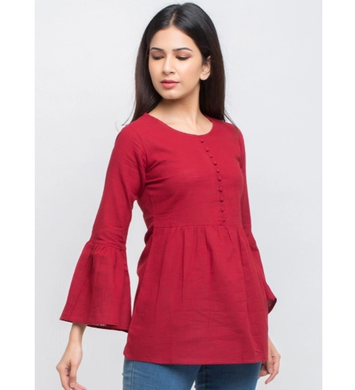 Generic Women's Casual Bell Sleeves Solid Cotton Top (Maroon)