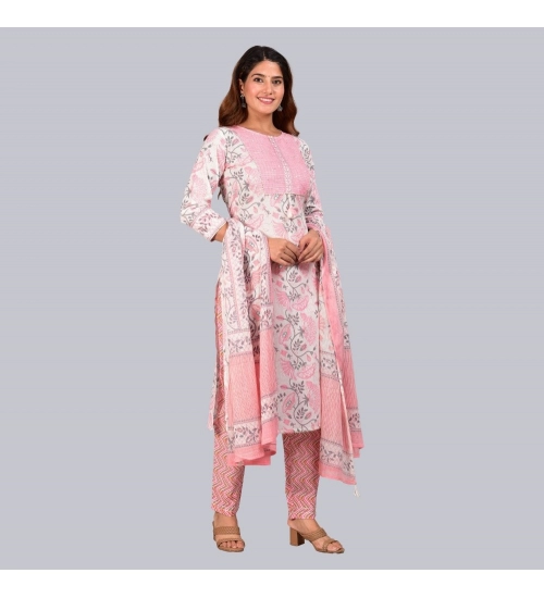 Generic Women's Casual 3/4 th Sleeve Floral Printed Cotton Kurti &amp; Pant With Dupatta (Baby Pink)