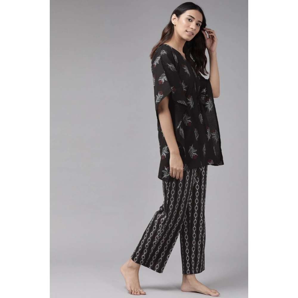 Generic Women's Casual Kimono Sleeve Floral Printed Cotton Pyjama Set (Black) Generic Women's Casual Kimono Sleeve Floral Printed Cotton Pyjama Set (Black)