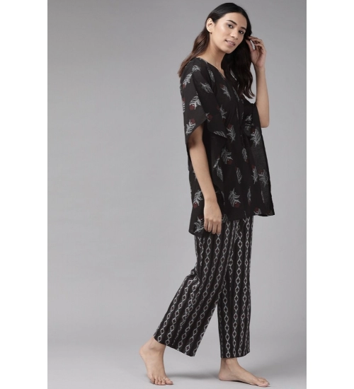 Generic Women's Casual Kimono Sleeve Floral Printed Cotton Pyjama Set (Black)