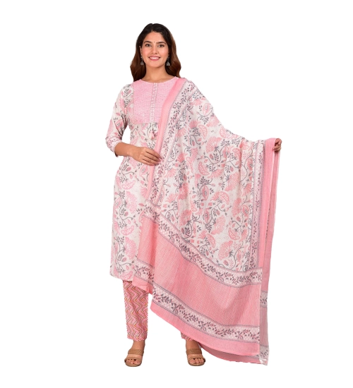 Generic Women's Casual 3/4 th Sleeve Floral Printed Cotton Kurti &amp; Pant With Dupatta (Baby Pink)