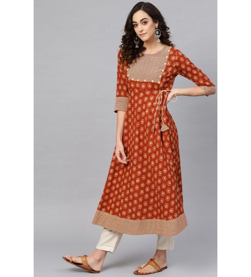 Generic Women's Casual 3/4 th Sleeve Floral Printed Cotton Slub Kurti (Brown)