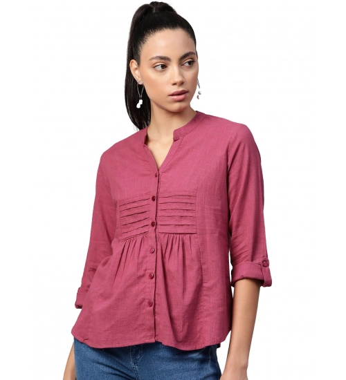 Generic Women's Casual Roll up sleeve Solid Cotton Slub Shirts (Pink)