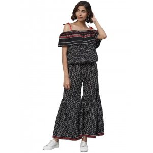 Generic Women's Casual shoulder sleeve Geomatrical Printed Cotton Dress (Black)