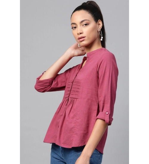 Generic Women's Casual Roll up sleeve Solid Cotton Slub Shirts (Pink)