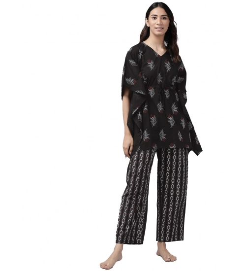 Generic Women's Casual Kimono Sleeve Floral Printed Cotton Pyjama Set (Black)