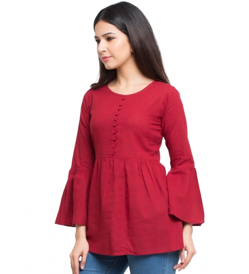 Generic Women's Casual Bell Sleeves Solid Cotton Top (Maroon)