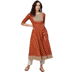 Generic Women's Casual 3/4 th Sleeve Floral Printed Cotton Slub Kurti (Brown)
