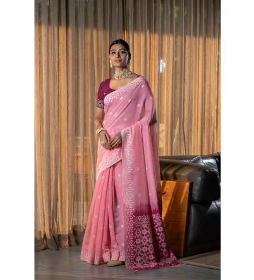 Generic Women's Mulmul Cotton Printed Saree With Unstitched Blouse (Pink, 5-6 Mtrs)