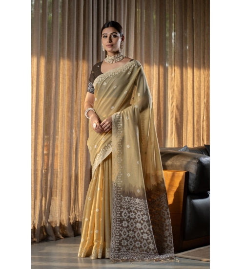 Generic Women's Mulmul Cotton Printed Saree With Unstitched Blouse (Beige, 5-6 Mtrs)