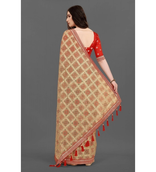 Generic Women's Soft Silk Printed Saree With Unstitched Blouse (Beige, 5-6 Mtrs)