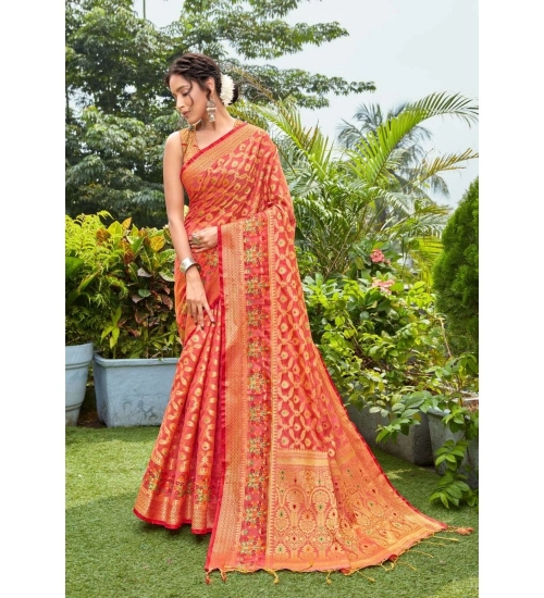 Generic Women's Organza Printed Saree With Unstitched Blouse (Red, 5-6 Mtrs)