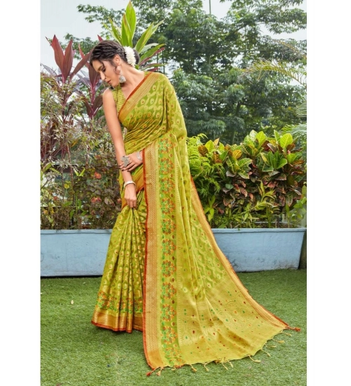 Generic Women's Organza Printed Saree With Unstitched Blouse (Olive, 5-6 Mtrs)