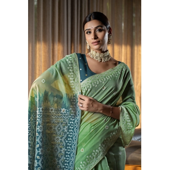 Generic Women's Mulmul Cotton Printed Saree With Unstitched Blouse (Green, 5-6 Mtrs) Generic Women's Mulmul Cotton Printed Saree With Unstitched Blouse (Green, 5-6 Mtrs)