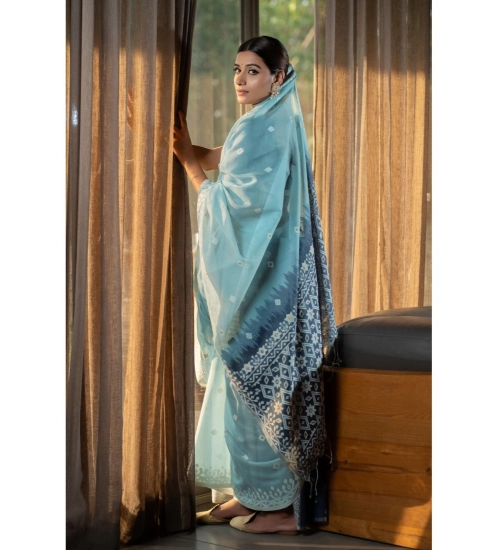 Generic Women's Mulmul Cotton Printed Saree With Unstitched Blouse (Blue, 5-6 Mtrs)