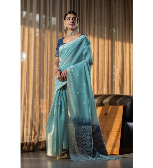 Generic Women's Mulmul Cotton Printed Saree With Unstitched Blouse (Blue, 5-6 Mtrs)