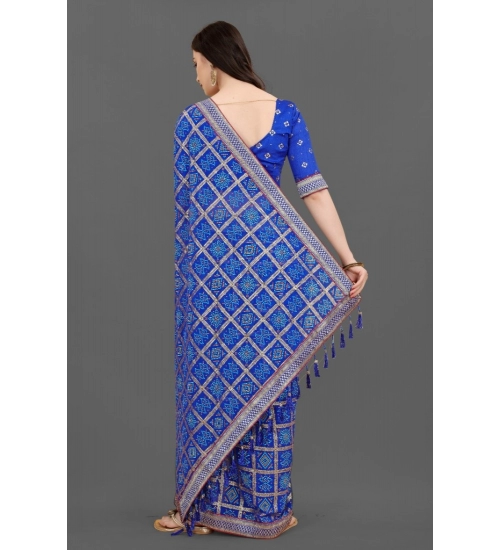 Generic Women's Soft Silk Printed Saree With Unstitched Blouse (Blue, 5-6 Mtrs)