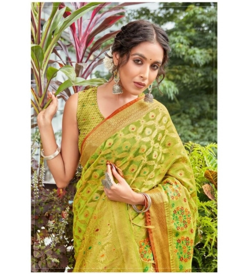 Generic Women's Organza Printed Saree With Unstitched Blouse (Olive, 5-6 Mtrs)