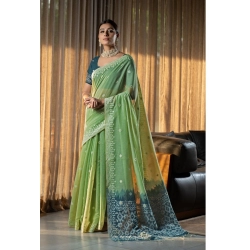 Generic Women's Mulmul Cotton Printed Saree With Unstitched Blouse (Green, 5-6 Mtrs)