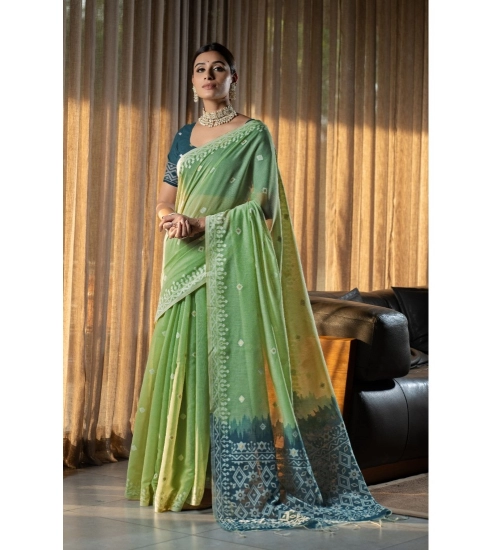 Generic Women's Mulmul Cotton Printed Saree With Unstitched Blouse (Green, 5-6 Mtrs)
