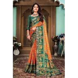 Generic Women's Soft Silk Printed Saree With Unstitched Blouse (Orange, 5-6 Mtrs)