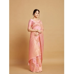 Generic Women's Linen Printed Saree With Unstitched Blouse (Pink, 5-6 Mtrs)