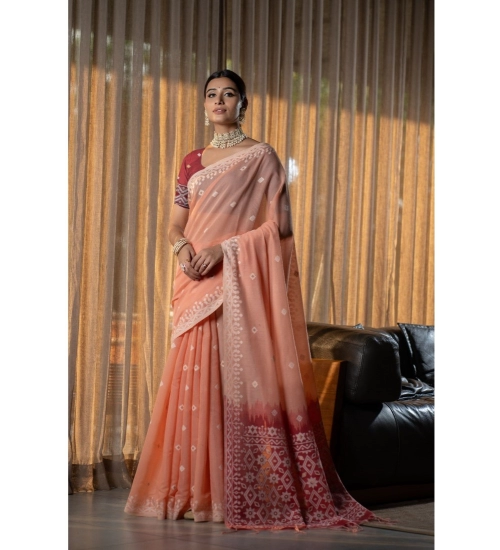 Generic Women's Mulmul Cotton Printed Saree With Unstitched Blouse (Peach, 5-6 Mtrs)